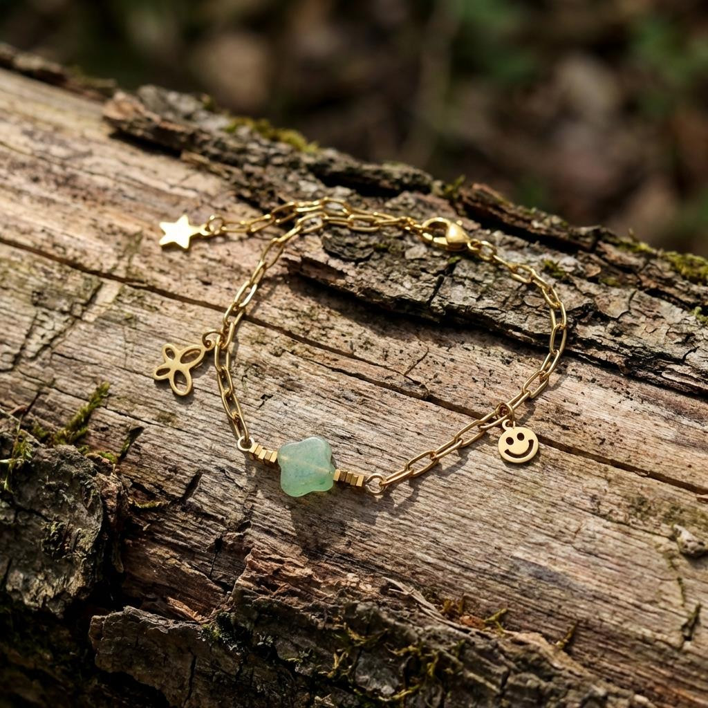 Yonca Formlu Yeşil Çilek Kuvars Taşlı Gold Çelik Bileklik