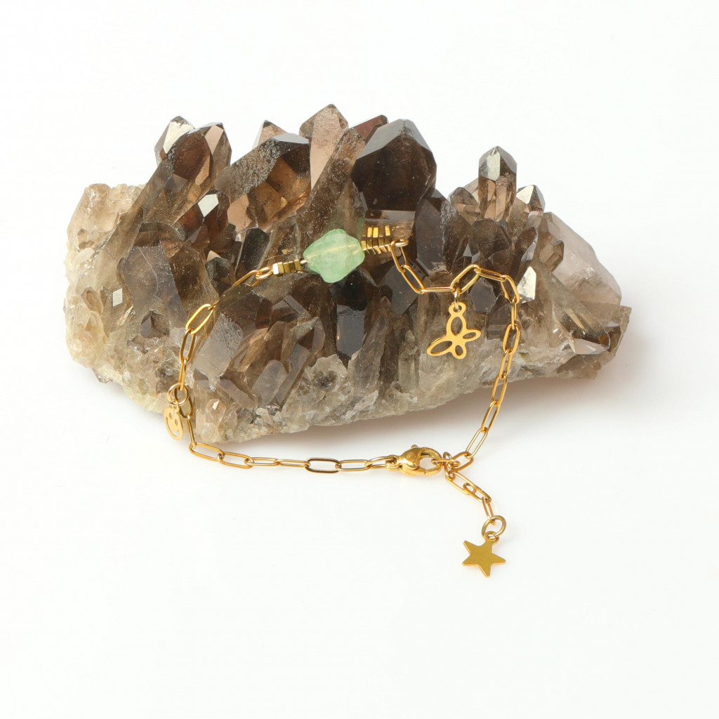 Yonca Formlu Yeşil Çilek Kuvars Taşlı Gold Çelik Bileklik