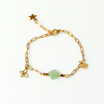 Yonca Formlu Yeşil Çilek Kuvars Taşlı Gold Çelik Bileklik
