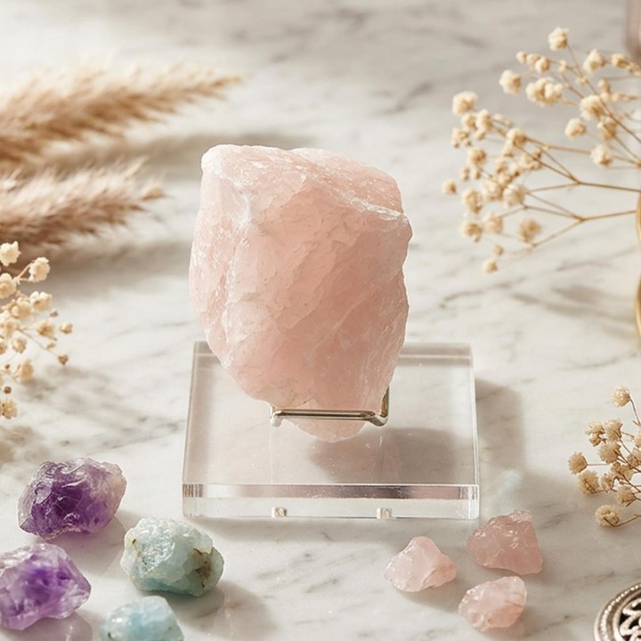 Pembe Kuvars Taşı Ham Parça – Plexi Stantlı