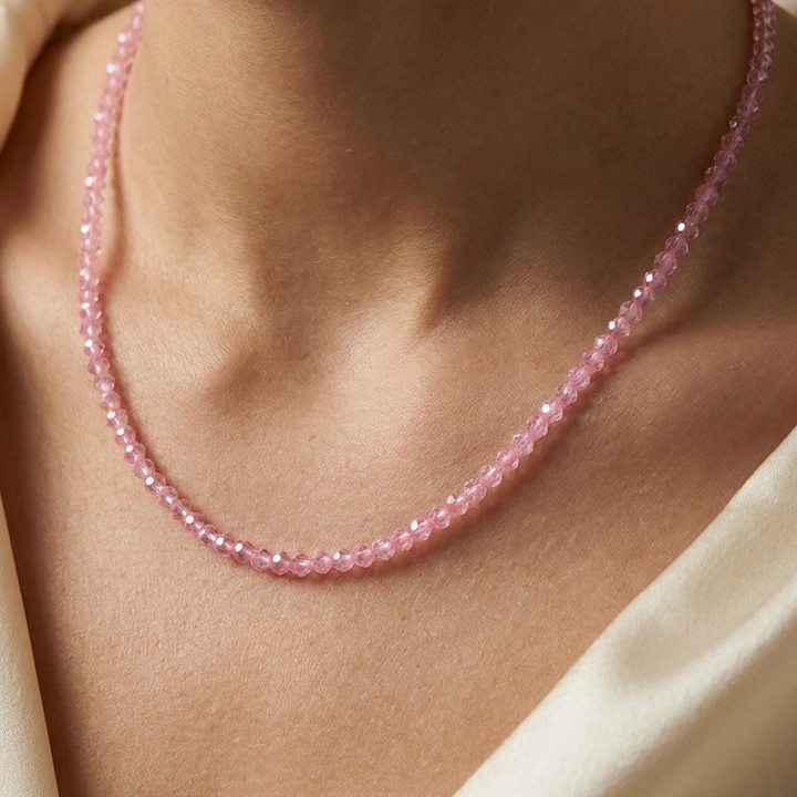 Pembe Zirkon Taşı Faset Kesim Dizi Kolye – 3 mm – Paslanmaz Çelik