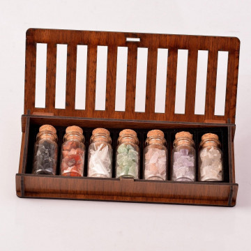 7 Adet Doğal Taşlı Şişe - Çakra Taşları - Ahşap Kutulu - 2