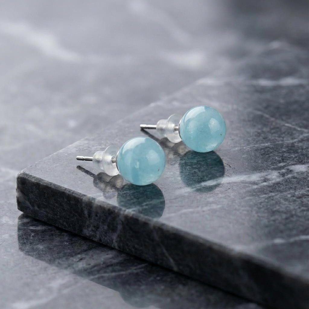 8mm Küre Kesim Akuamarin Çelik Küpe