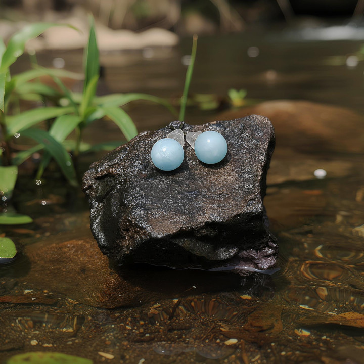 Akuamarin Çelik Küpe – 8 mm Küre Kesim – Kararmaz