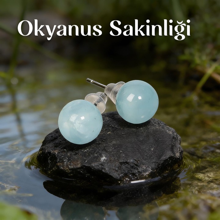 Akuamarin Çelik Küpe – 8 mm Küre Kesim – Kararmaz