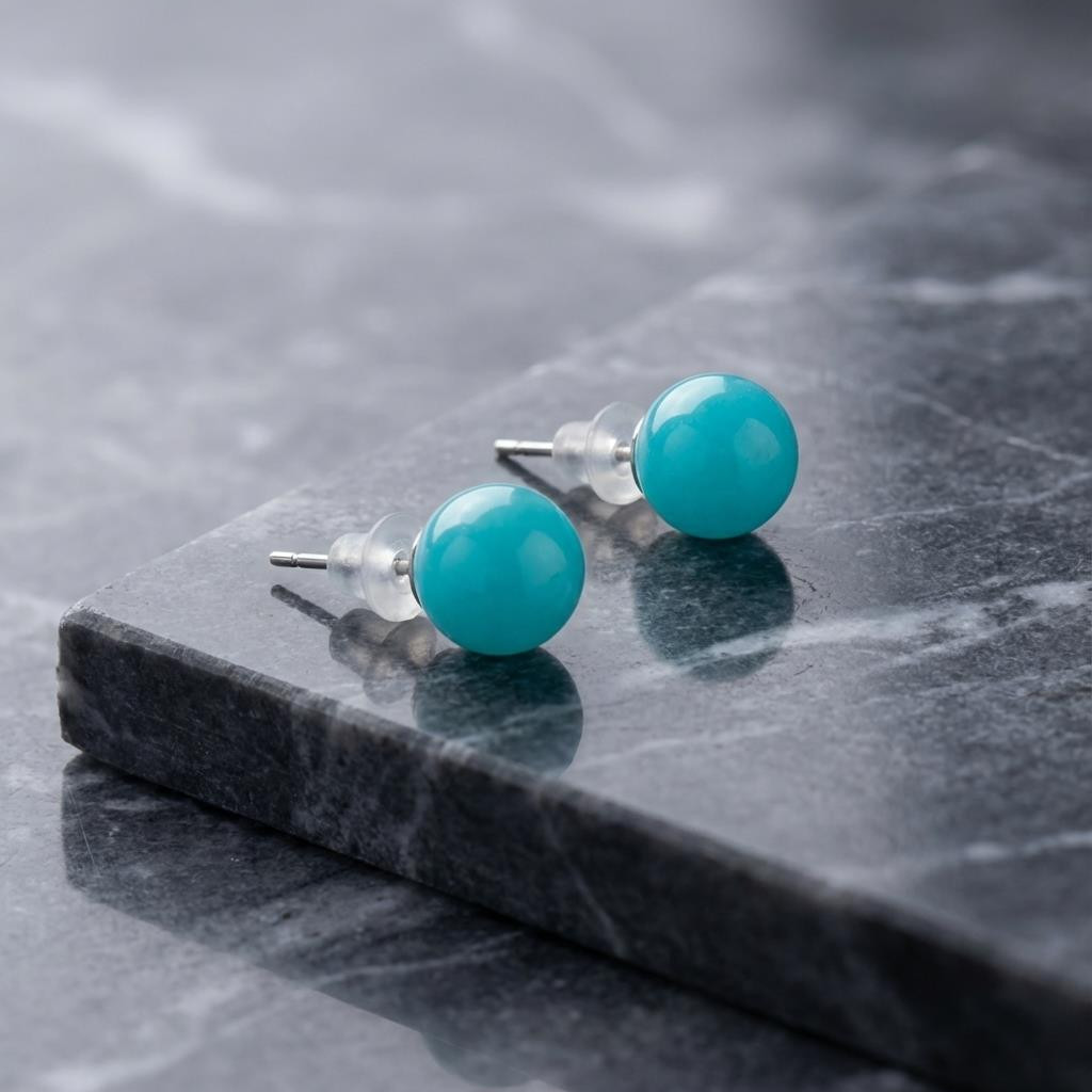 8mm Küre Kesim Amazonit Taşı Çelik Küpe