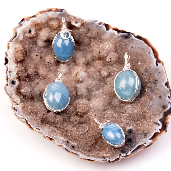 Akuamarin Taşı Kolye - Gümüş Tel Sargılı