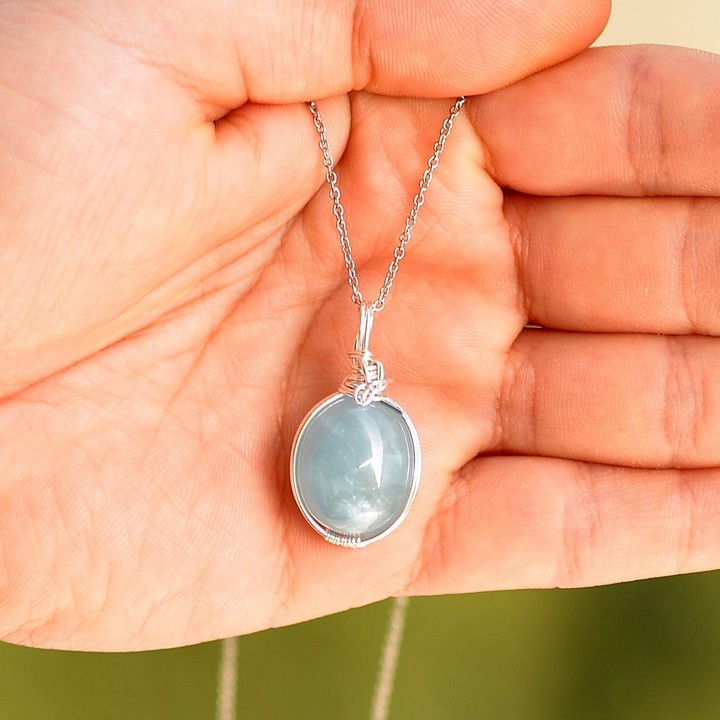 Akuamarin Taşı Kolye - Gümüş Tel Sargılı