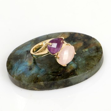 Altın Renkli Ametist - Pembe Kuvars Taşı Yüzük - 2