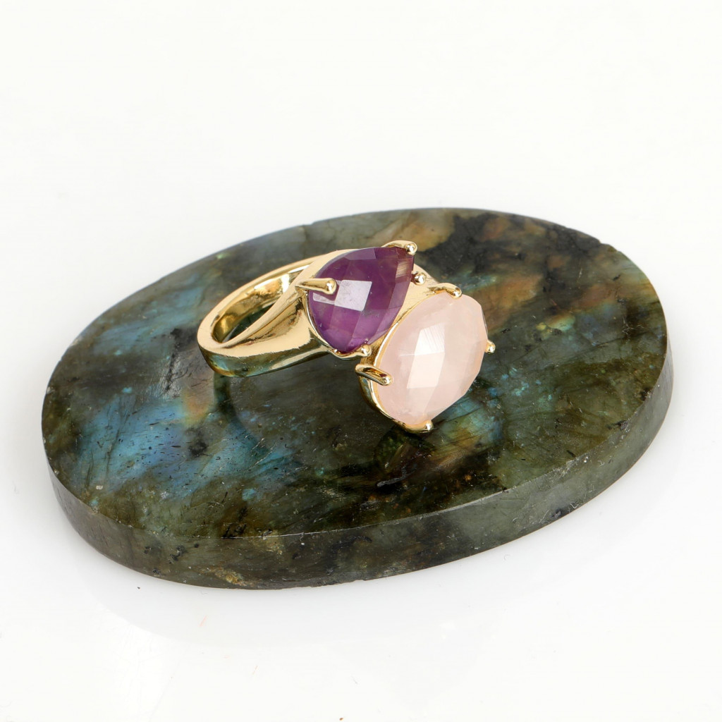 Altın Renkli Ametist - Pembe Kuvars Taşı Yüzük