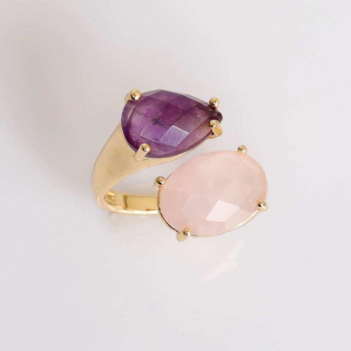 Altın Renkli Ametist - Pembe Kuvars Taşı Yüzük - 1