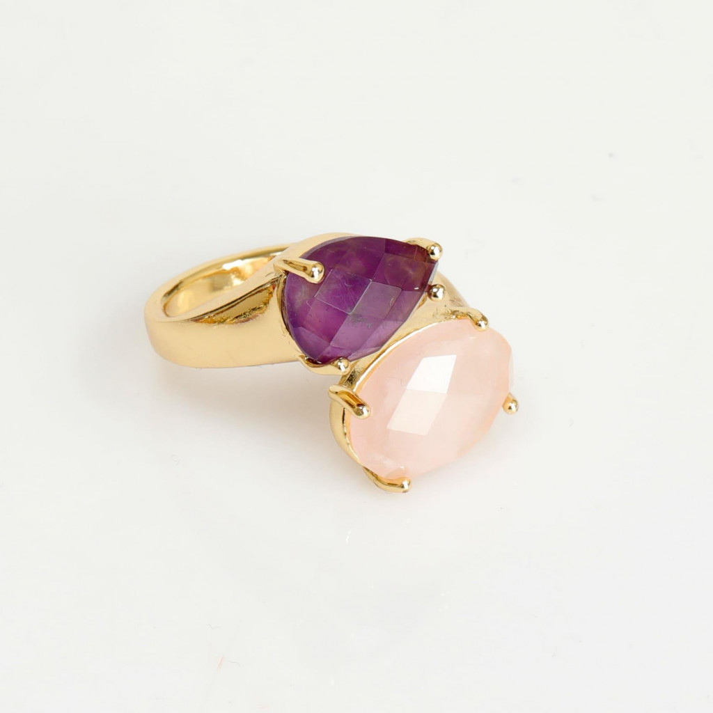 Altın Renkli Ametist - Pembe Kuvars Taşı Yüzük