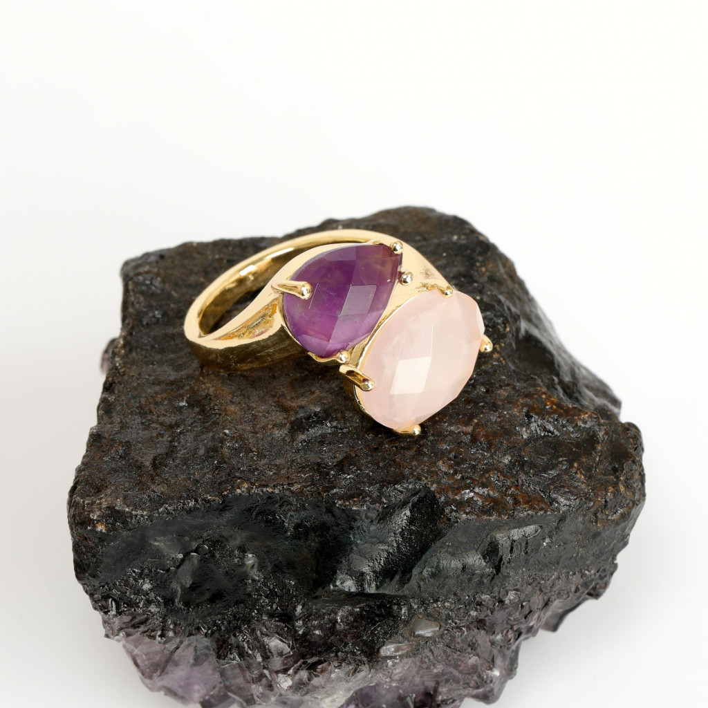 Altın Renkli Ametist - Pembe Kuvars Taşı Yüzük