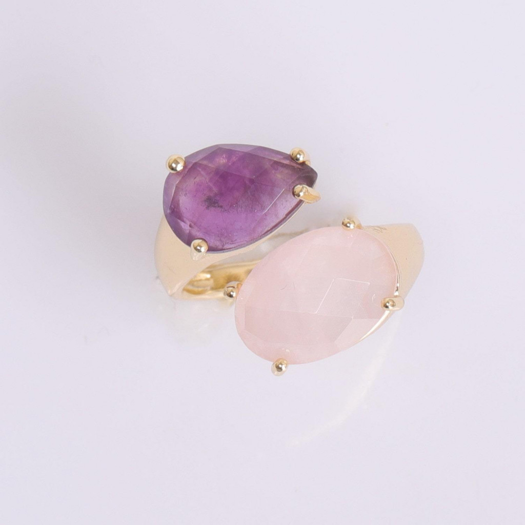 Altın Renkli Ametist - Pembe Kuvars Taşı Yüzük
