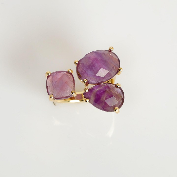 Altın Renkli Ametist  Taşı Üçlü Yüzük - 1