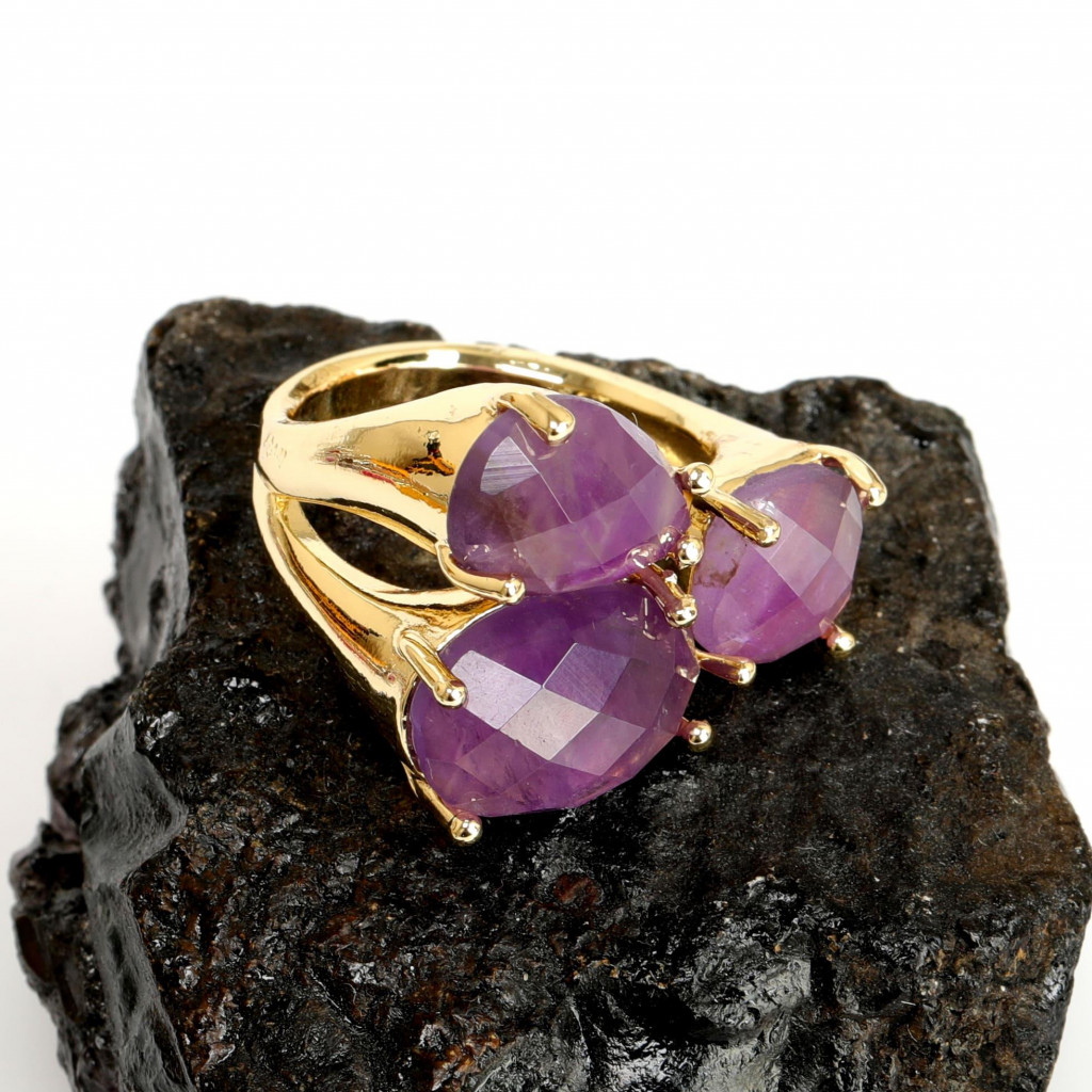 Altın Renkli Ametist  Taşı Üçlü Yüzük Altın Renkli Ametist  Taşı Üçlü Yüzük