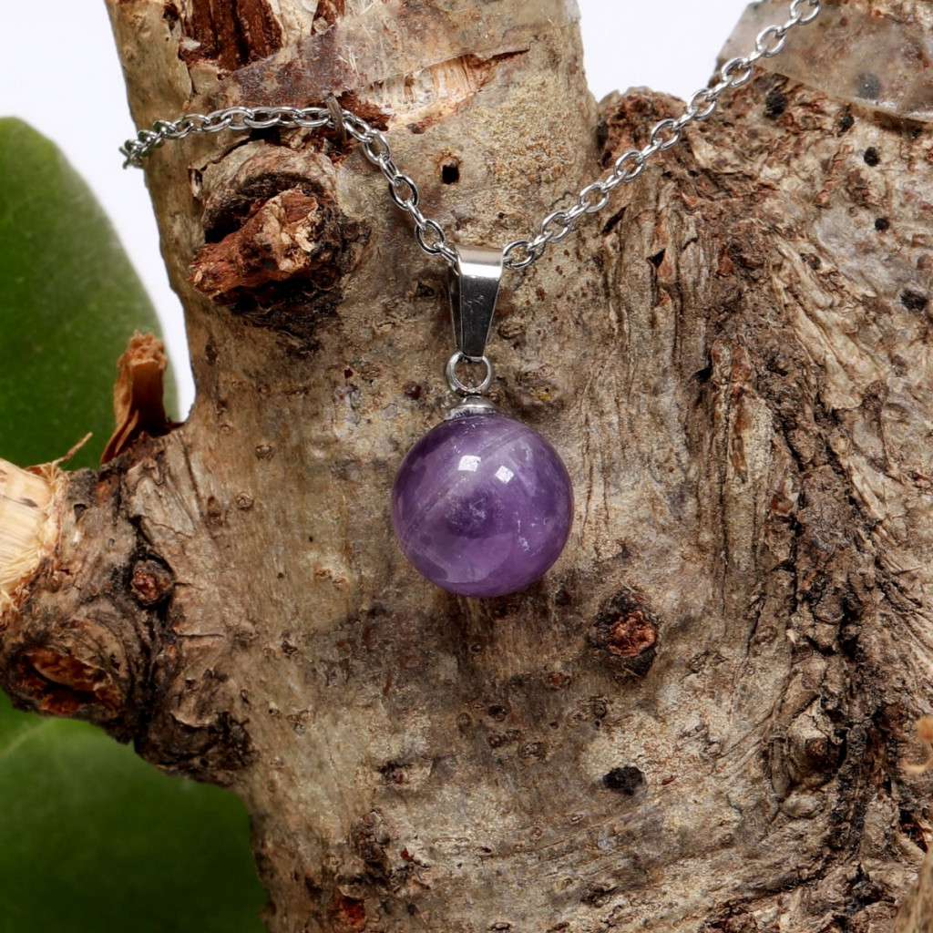 Ametist Taşı Çelik Kolye - 10 mm