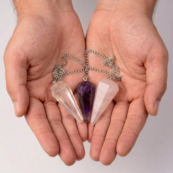 Ametist - Kristal Kuvars - Pembe Kuvars Taşı Sarkaç - Üçlü Pandül Seti