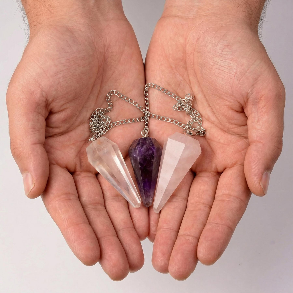 Ametist - Kristal Kuvars - Pembe Kuvars Taşı Sarkaç - Üçlü Pandül Seti