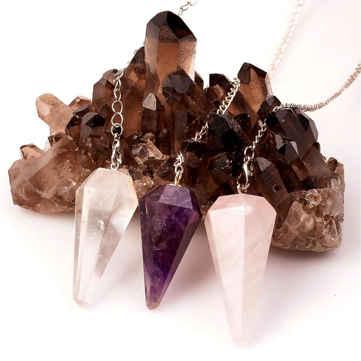 Ametist - Kristal Kuvars - Pembe Kuvars Taşı Sarkaç - Üçlü Pandül Seti