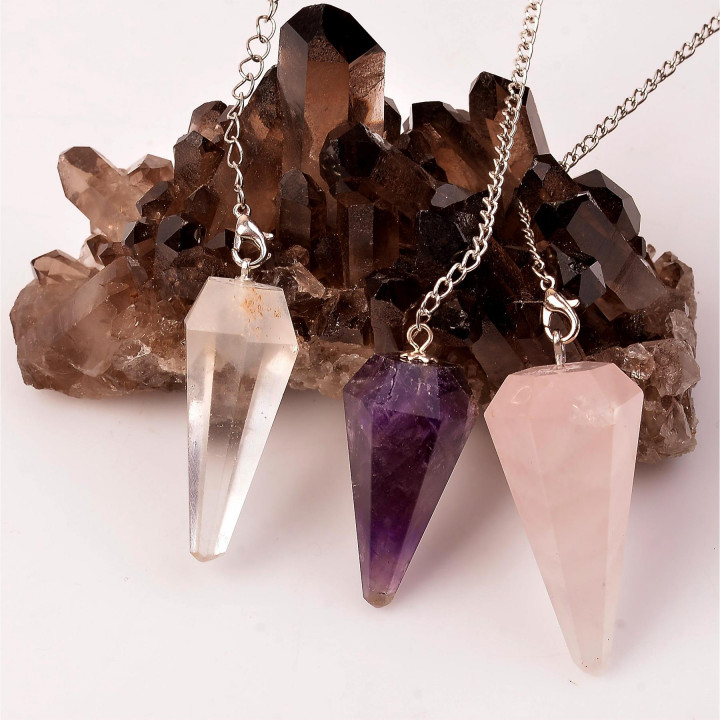 Ametist - Kristal Kuvars - Pembe Kuvars Taşı Sarkaç - Üçlü Pandül Seti