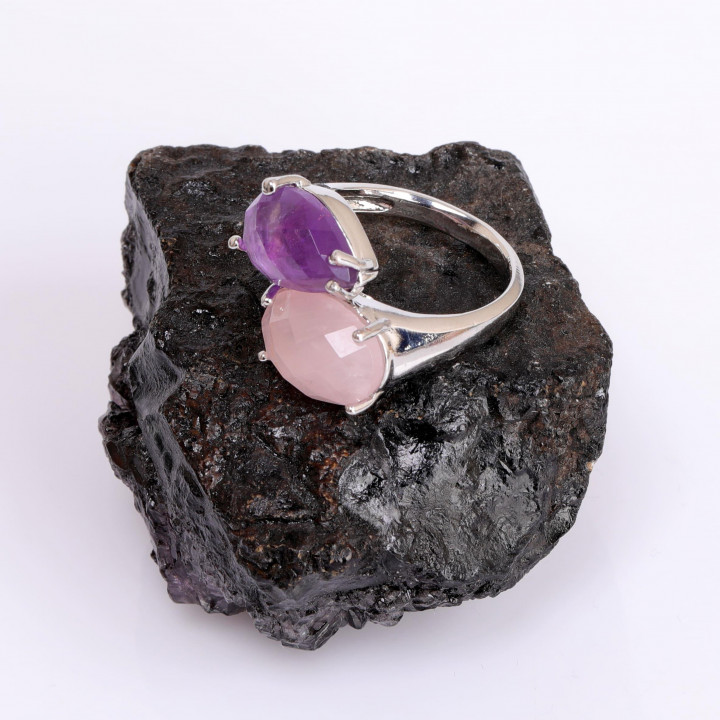 Ametist - Pembe Kuvars Taşı Yüzük - İkili Doğal Taş Yüzük - 2