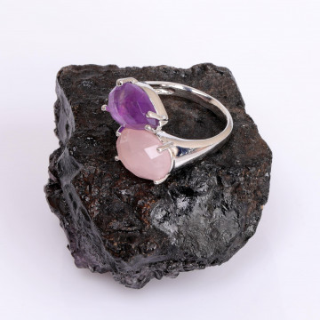 Ametist - Pembe Kuvars Taşı Yüzük - İkili Doğal Taş Yüzük - 2