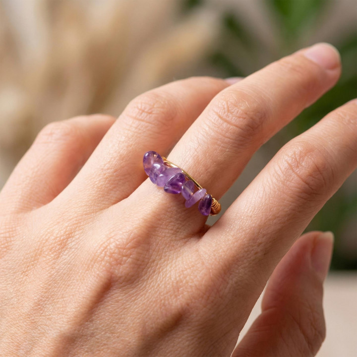 Ametist Taşı Ayarlamalı Yüzük - Altın Renkli - 1