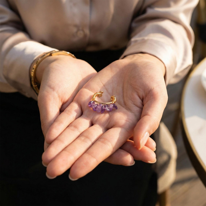 Ametist Taşı Ayarlamalı Yüzük - Altın Renkli