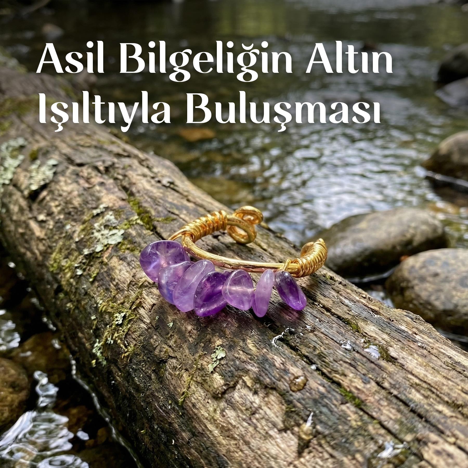 Ametist Taşı Ayarlamalı Yüzük - Altın Renkli