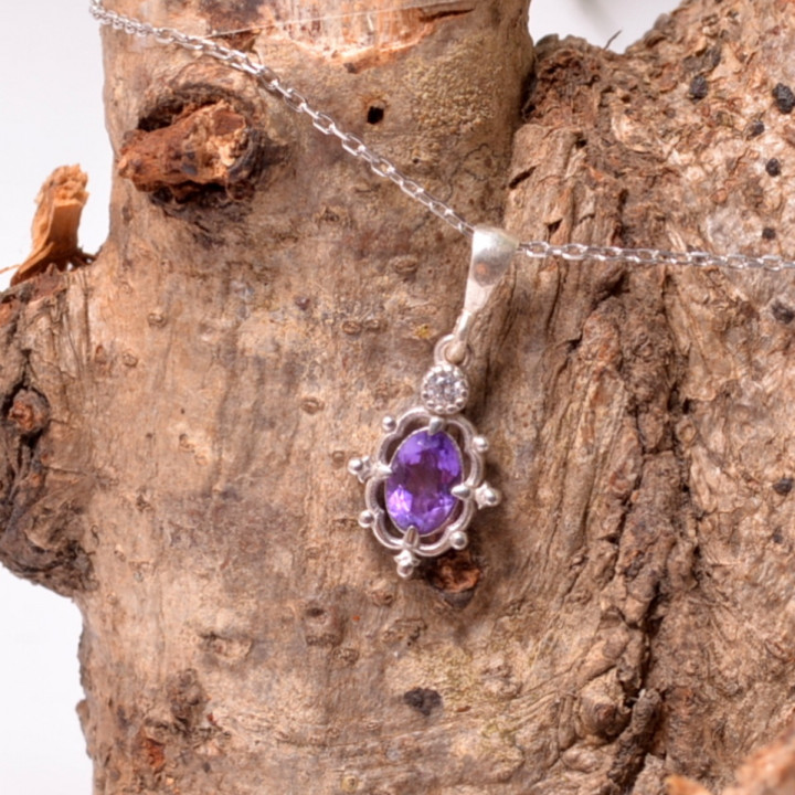 Ametist Taşı Gümüş Kolye - Cevher Model - 1
