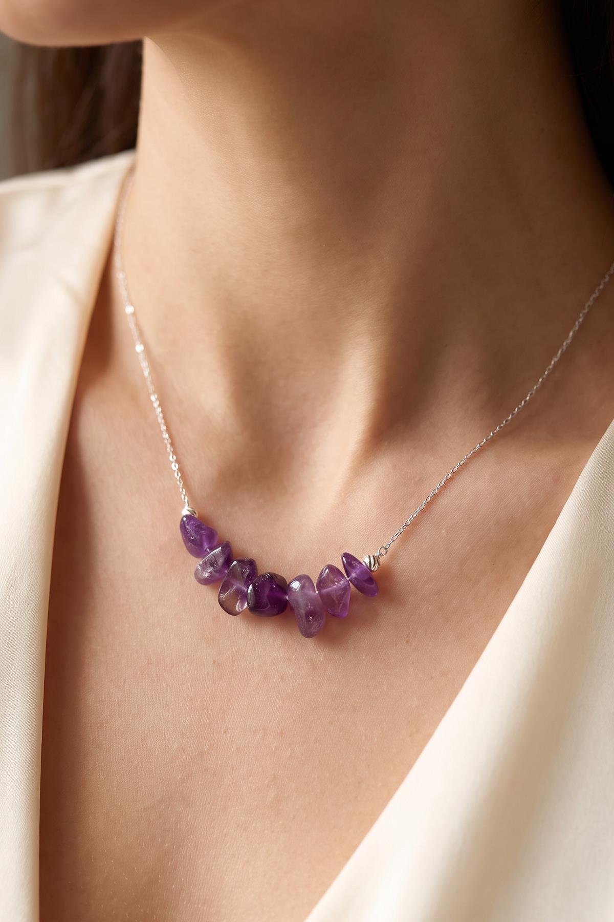 Amethyst Stone Silver Necklace Şekilsiz Stones