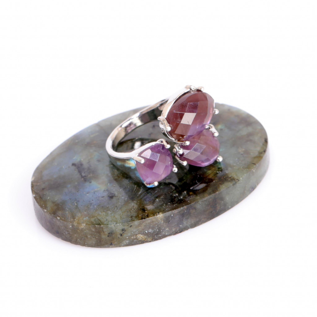 Ametist Taşı Üçlü Yüzük -  Üç Taşlı