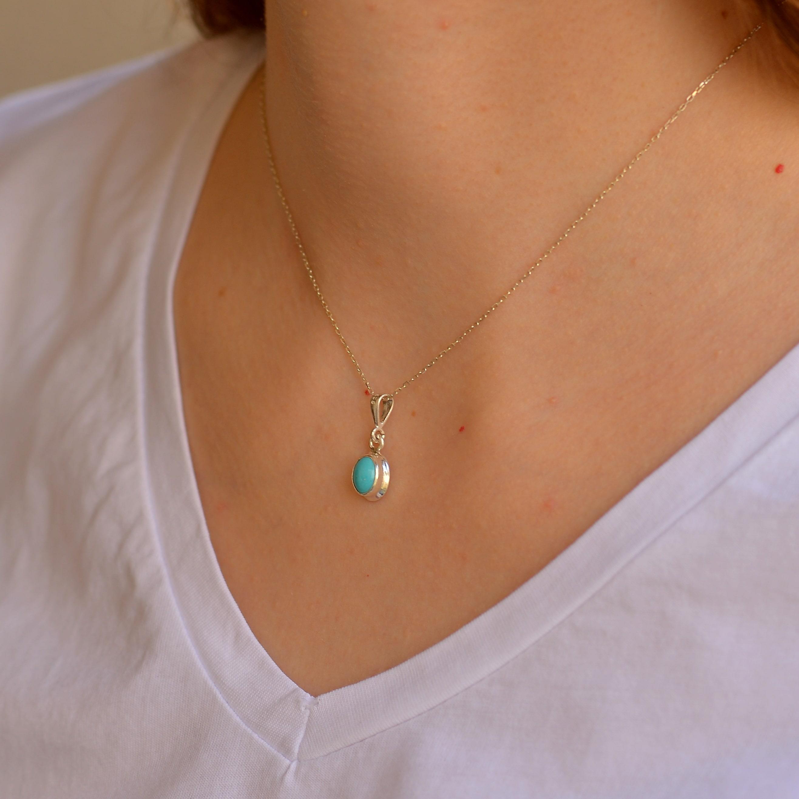 Arizona Turquoise Stone Silver Necklace Boyasız Turquoise