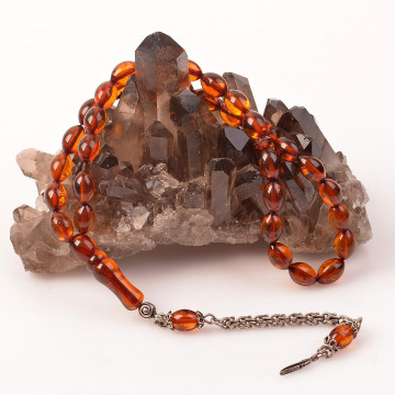 Arpa Kesim Damla Kehribar Tesbih - 6*9 mm / Gümüş Püsküllü - 2