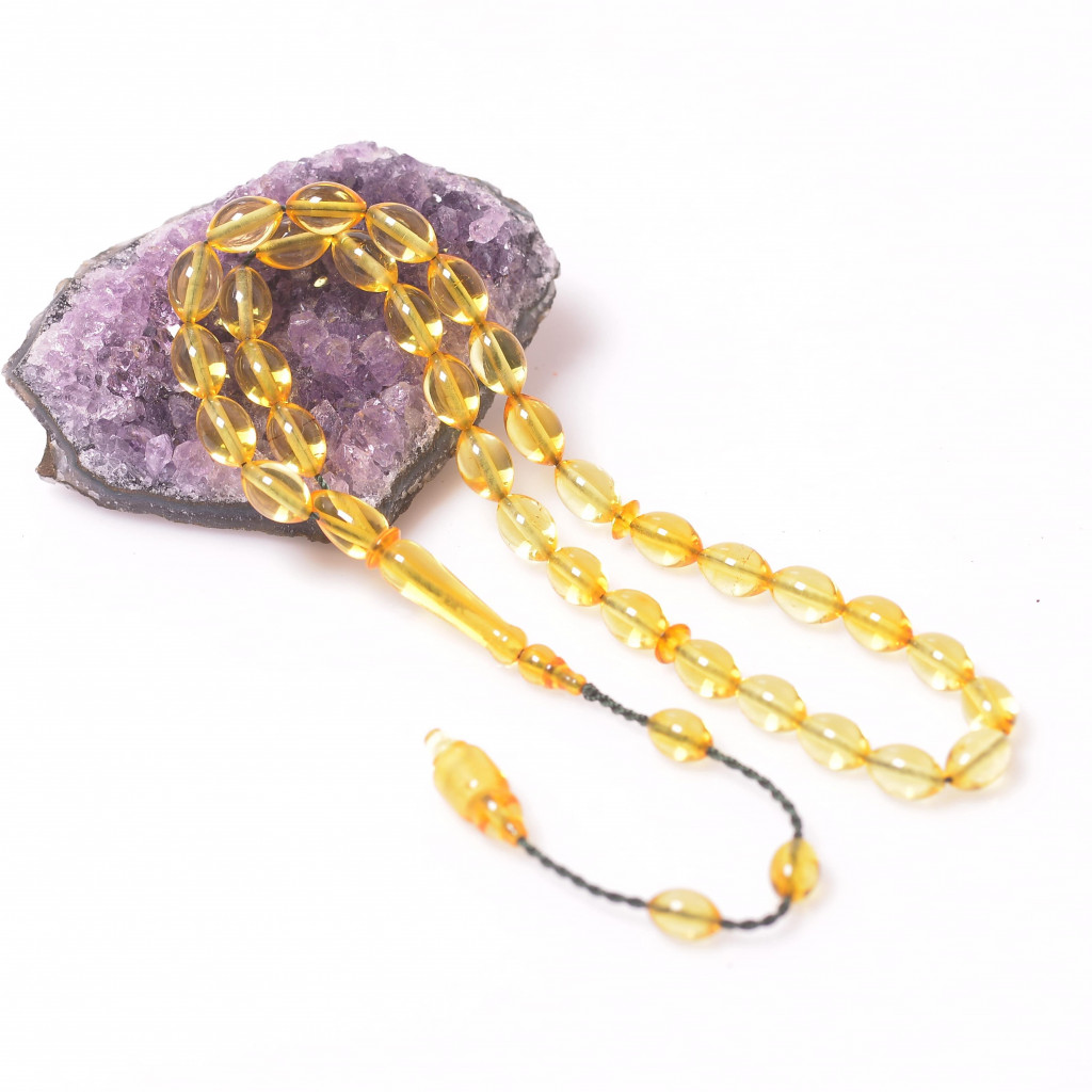 Arpa Kesim Damla Kehribar Tesbih - 6*9 mm Sistemli