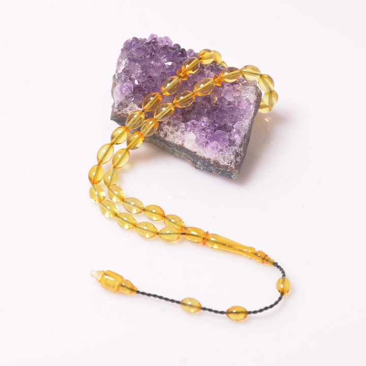 Arpa Kesim Damla Kehribar Tesbih - 6*9 mm Sistemli