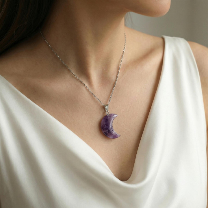 Ay Şeklinde Ametist Taşı Kolye - Küçük Boy