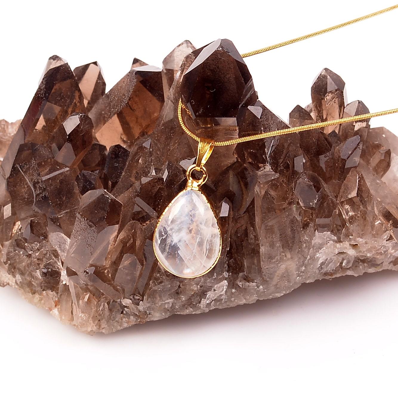 Moonstone Drop Necklace Gold Colored Blue Yansımalı Moonstone
