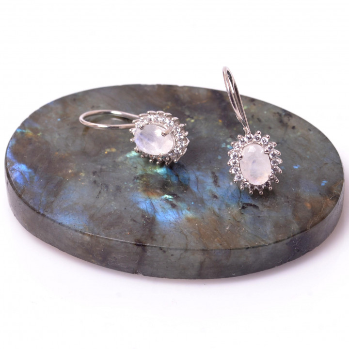 Ay Taşı Gümüş Küpe - Taş Çerçeveli