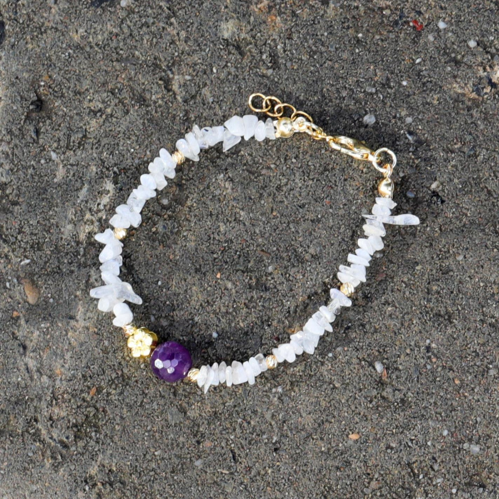 Ay Taşı Kırık Taş Bileklik - Ametist Taşlı - Altın Renkli