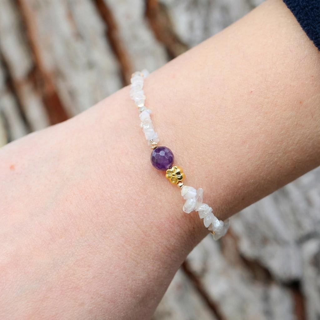 Ay Taşı Kırık Taş Bileklik - Ametist Taşlı - Altın Renkli