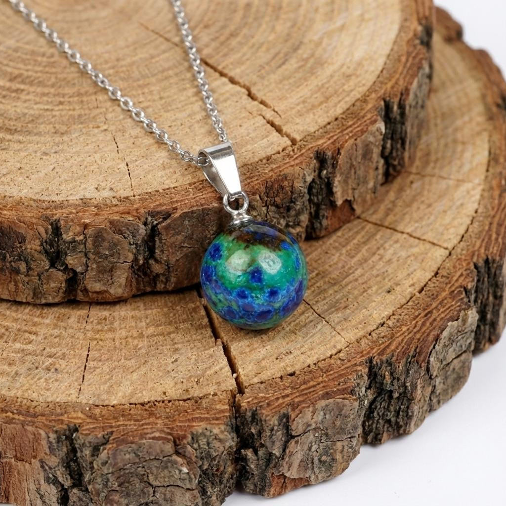 Azurit Taşı Çelik Kolye - Çelik Zincirli Azurit Kolye