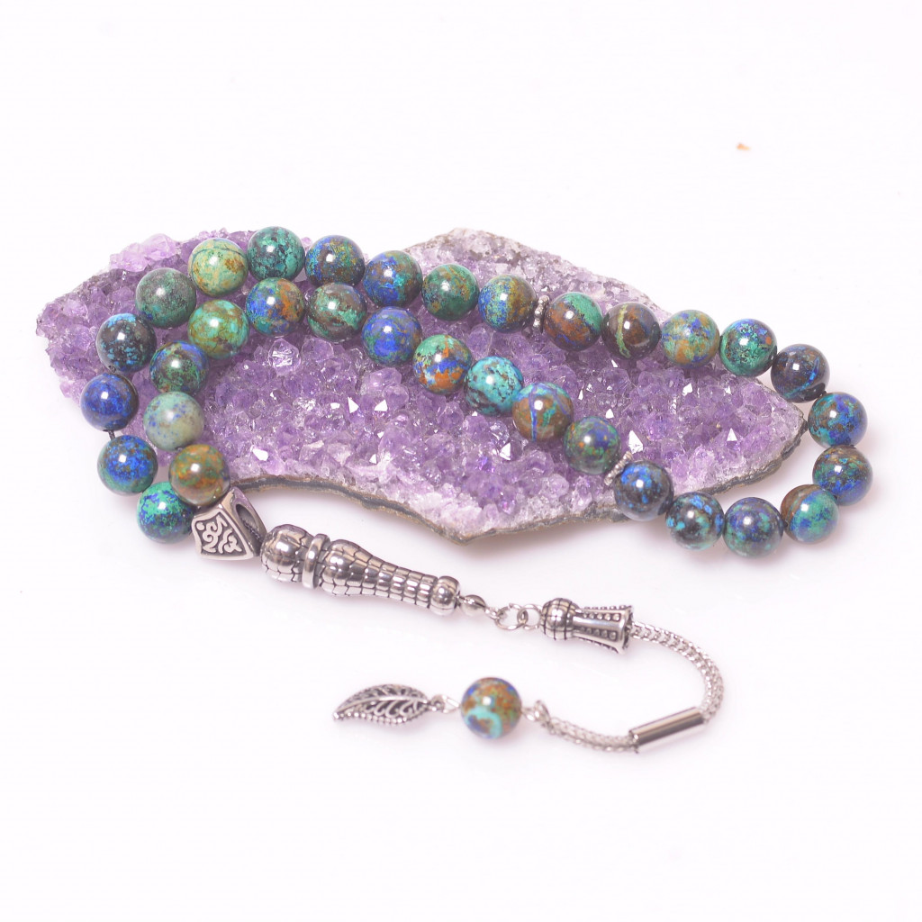 Azurit Taşı Tesbih 8 mm - Çelik Malzemeli