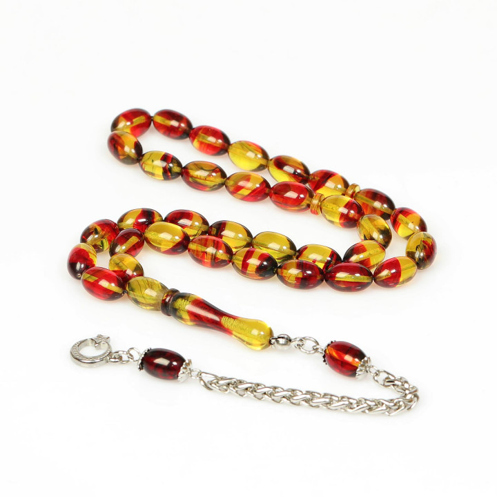 Bakır Ateş – Altın Hareli Çelik Püsküllü Sıkma Kehribar Tesbih (7*11 mm) - 1