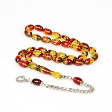 Bakır Ateş – Altın Hareli Çelik Püsküllü Sıkma Kehribar Tesbih (7*11 mm)