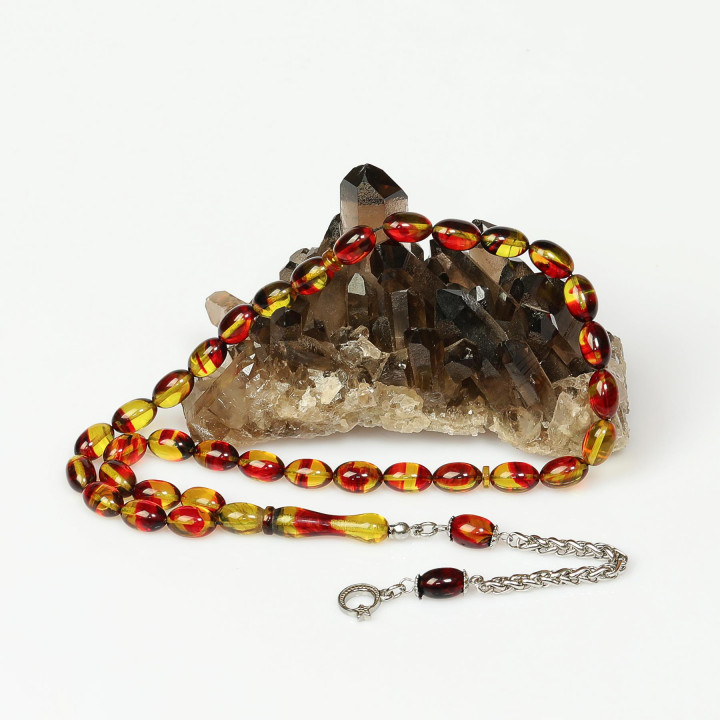 Bakır Ateş – Altın Hareli Çelik Püsküllü Sıkma Kehribar Tesbih (7*11 mm)