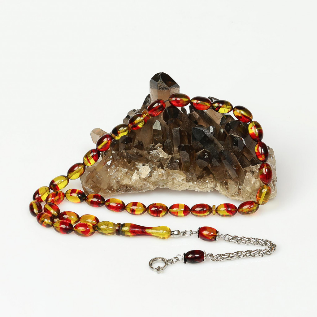 Bakır Ateş – Altın Hareli Çelik Püsküllü Sıkma Kehribar Tesbih (7*11 mm)