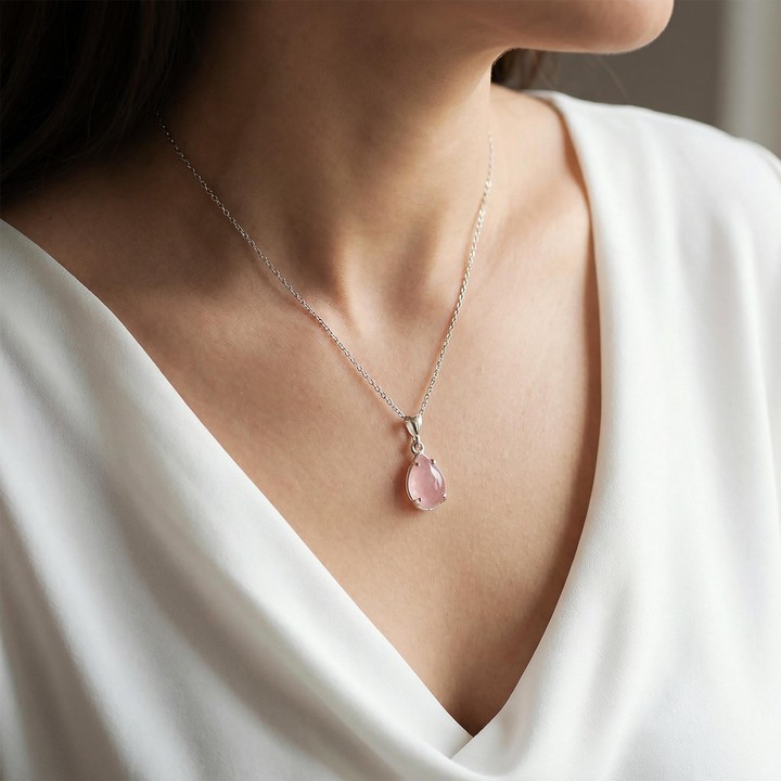 Berceste Model Pembe Kuvars Taşı Gümüş Kolye - Damla Şeklinde