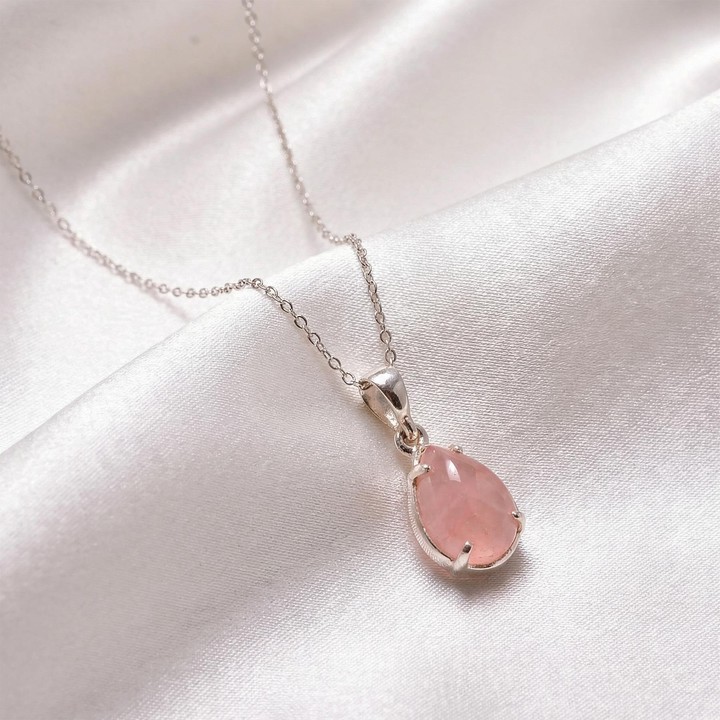Berceste Model Pembe Kuvars Taşı Gümüş Kolye - Damla Şeklinde